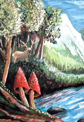 Peinture à l’acrylique représentant une forêt mystique avec des champignons.