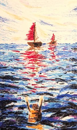 Humain dans l’eau qui a une chance d’être sauvé par des bateaux.