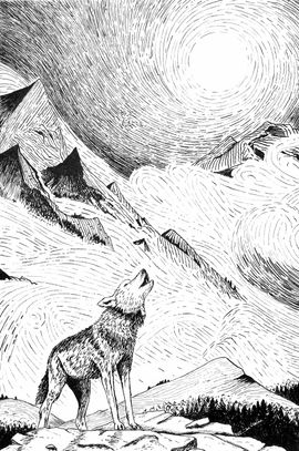 Loup qui hurle sous la lune dans les montagnes de l’Altaï.