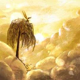 Saule pleureur dans des nuages d’or. Un ange s’y repose.