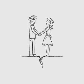 Dessin au trait simple noir d’un couple qui se sépare. Cela se voit au sol qui se fissure entre l’homme et la femme.