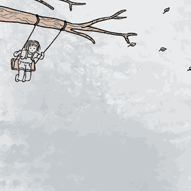 Fillette qui se balance sur une balançoire tenue à une branche de laquelle défilent les saisons.