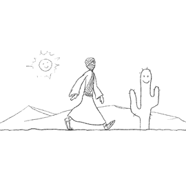 Homme qui marche de profil dans le desert. Un cactus et le soleil lui sourient.