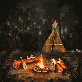Scène de nuit avec un feu de camp, une tente tipi et des dormeurs dans la forêt.