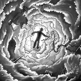 Viking sous les eaux, parmis des décombres de guerre.