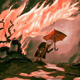 Femme qui se protège des retombées avec un parapluie, car le feu est tout autour.