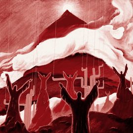 Humains tendant les bras au ciel devant une montagne donc le sommet pointe le centre du soleil.