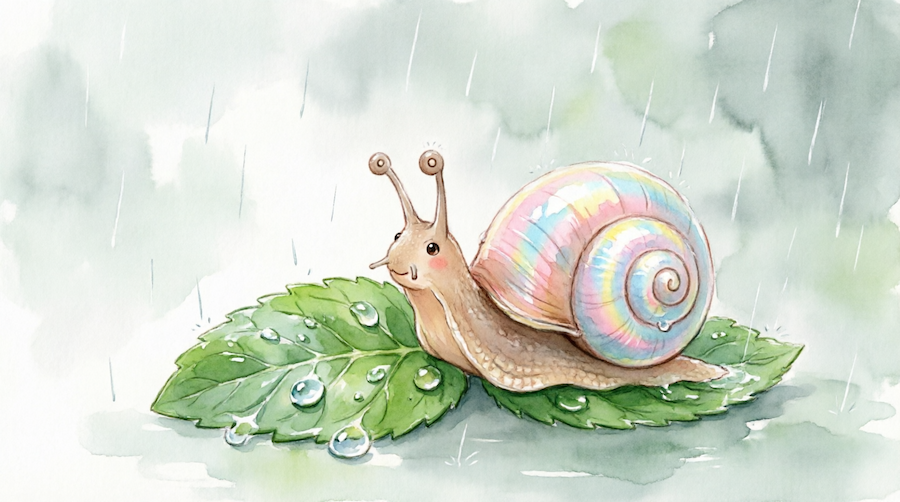 Escargot heureux sous la pluie.