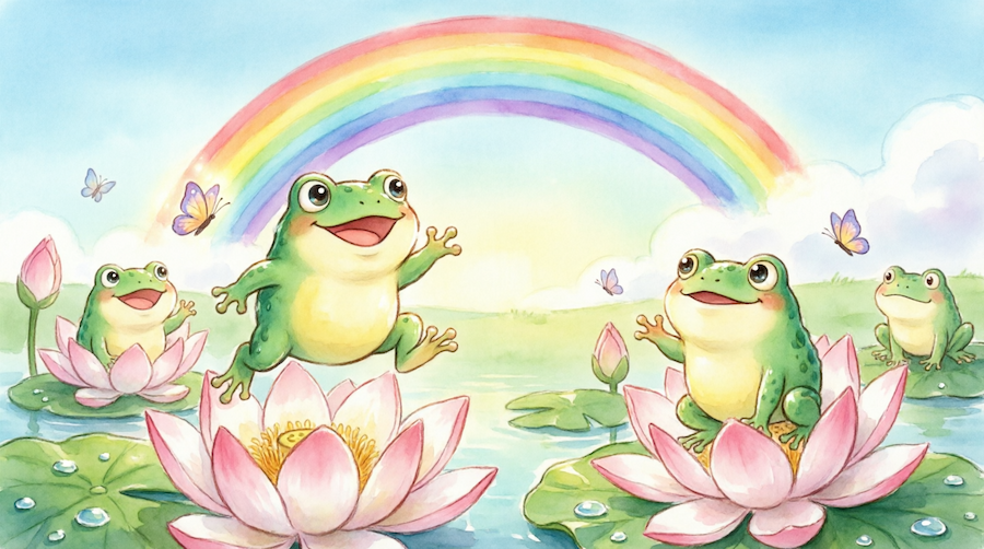 Grenouilles sur des nénuphars, devant un bel arc-en-ciel.