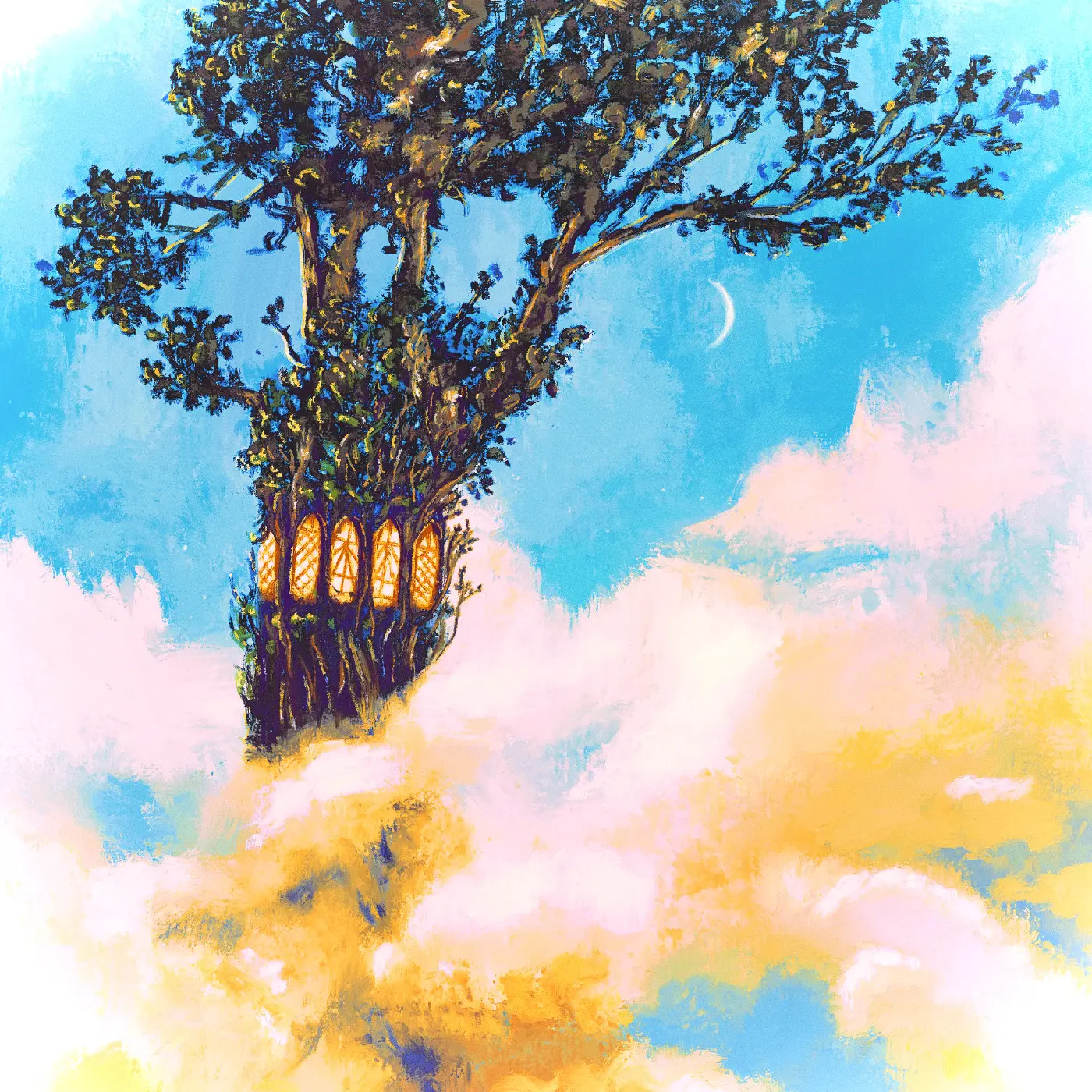 Peinture d’une bibliothéque boisée dans les nuages, à l’aube.